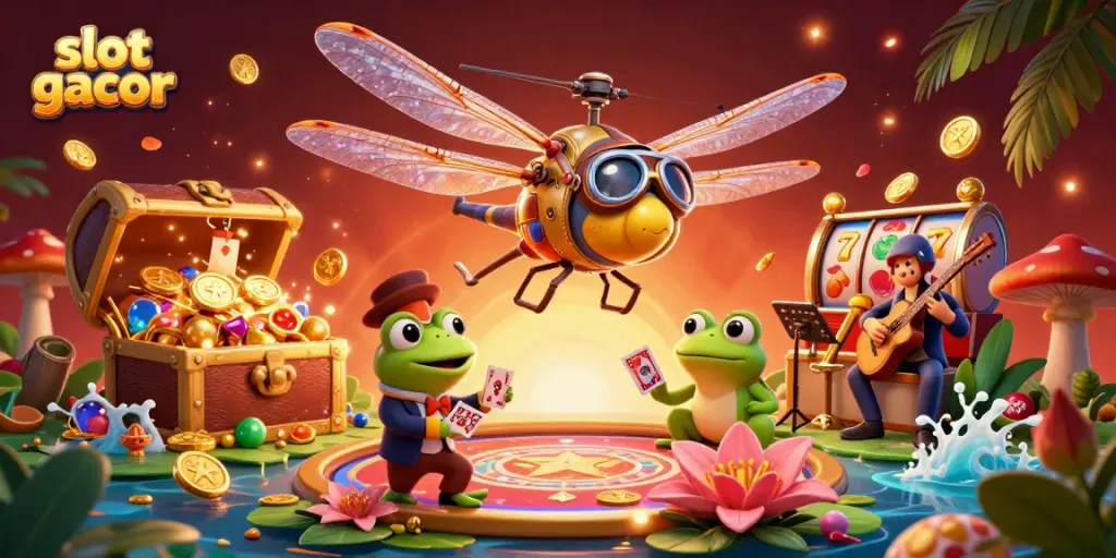 Engage with slot gacor action in this playful 3D illustration featuring vibrant casino elements.