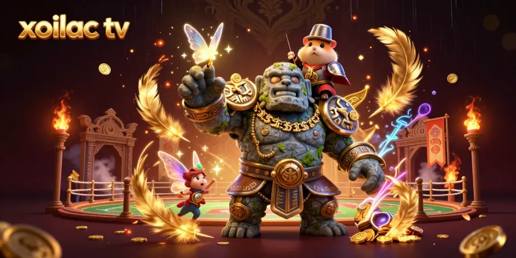 Experience thrilling action with xoilac tv in a vibrant 3D gambling arena featuring a golem guardian and fairy magic.