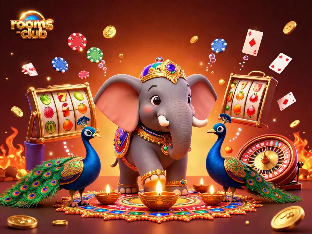 Kepala slot online rooms-club dengan gajah warna-warni di latar belakang permainan kasino yang menarik.