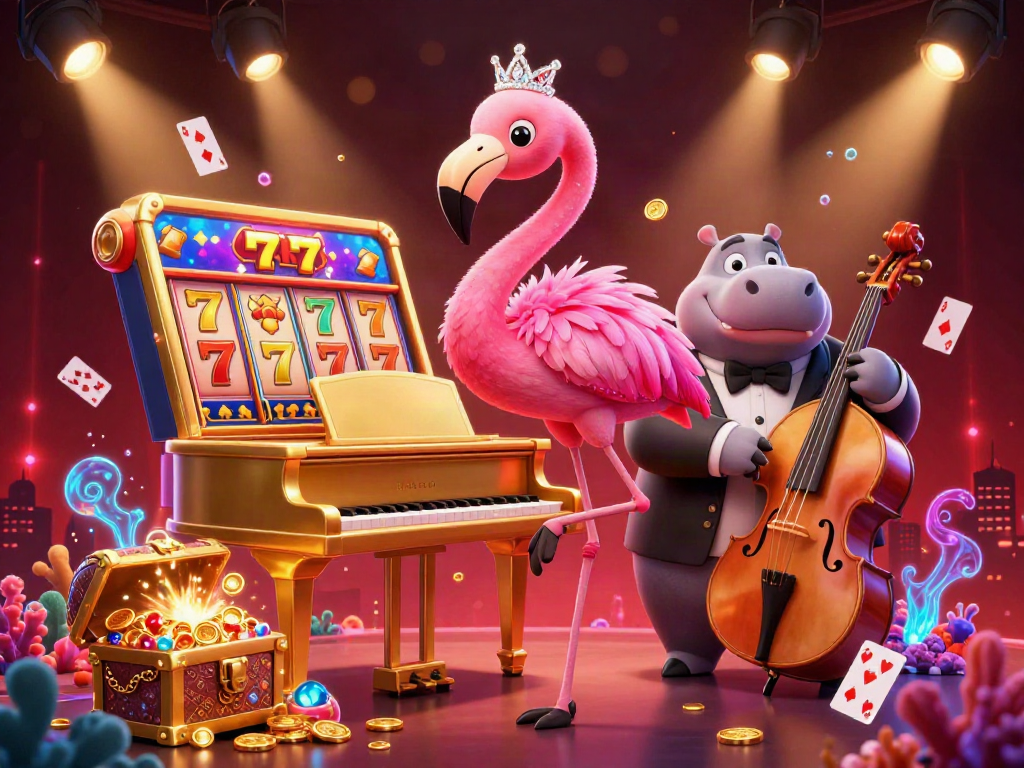 Experience thrilling action with the 77RT slot, depicting vibrant casino elements and lively characters.