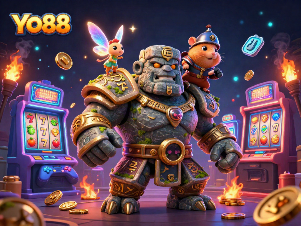 Spin the reels and win with YO88: A vibrant 3D illustration featuring casino-themed characters and elements.