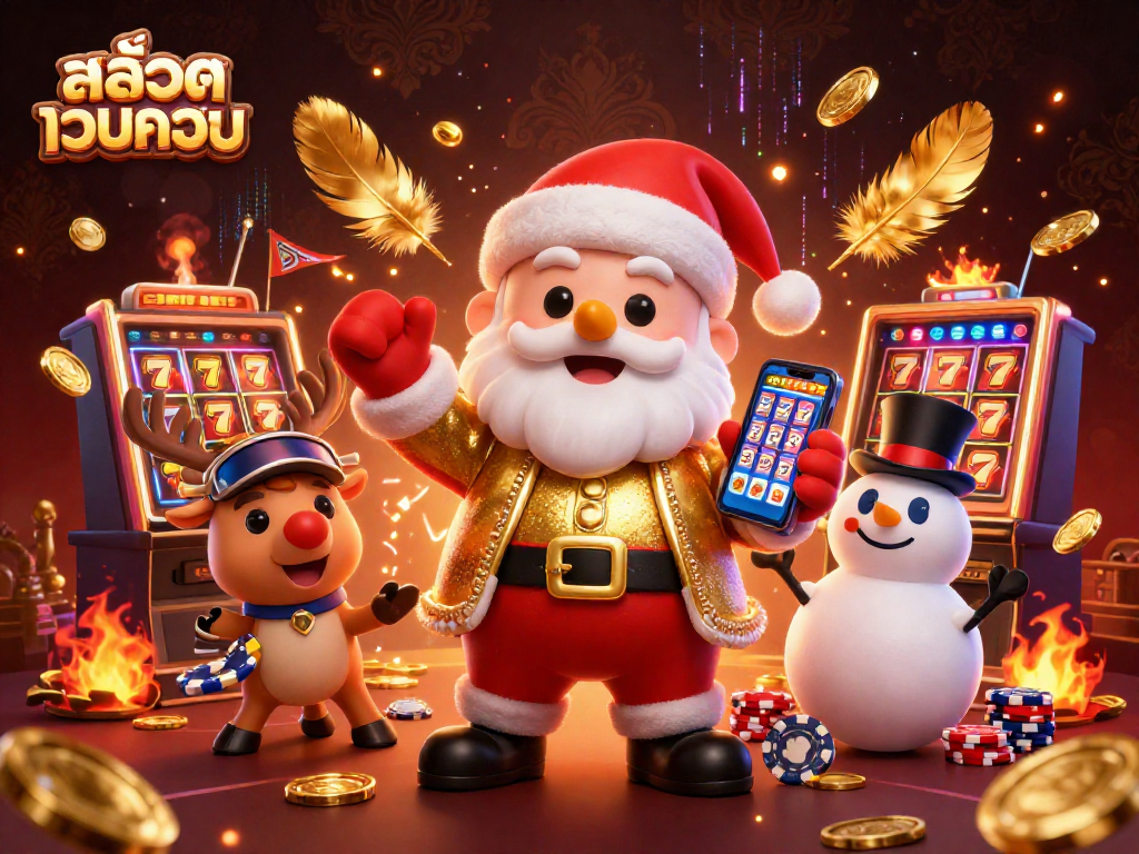 Play slots with สล็อตเว็บตรง as a cartoon Santa shows jackpot wins in a packed casino.