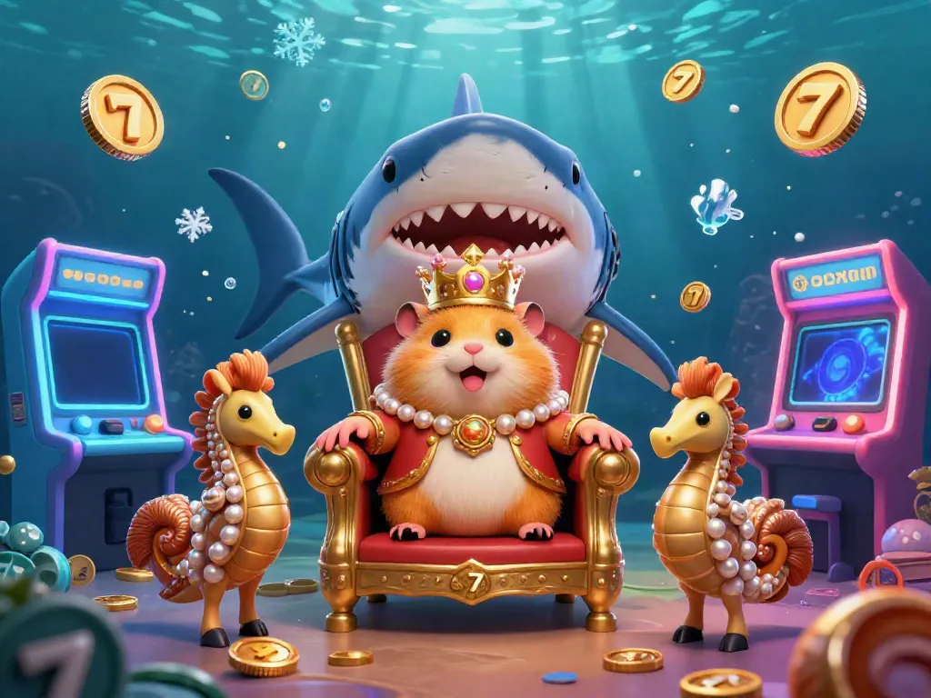 Experience vibrant slot games with Tg88 featuring a golden hamster king and seahorse guards in an immersive underwater kingdom.