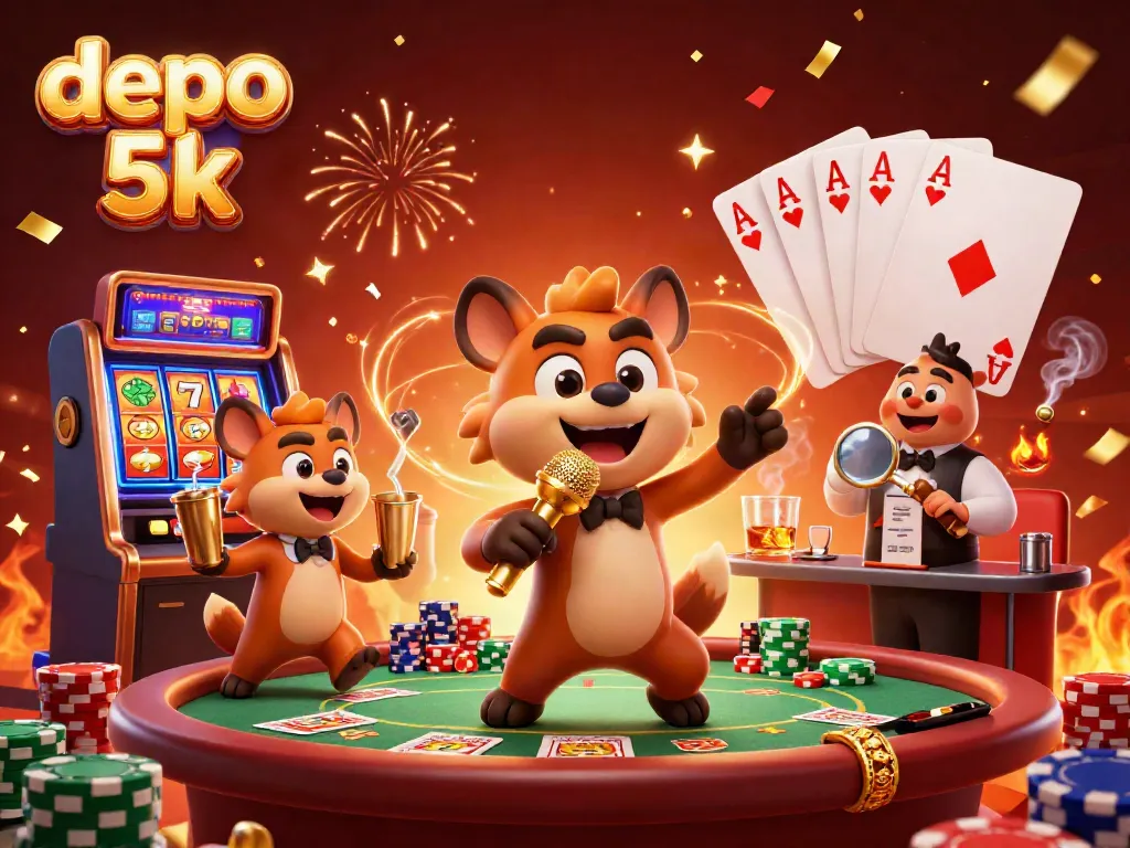 Experience the excitement of depo 5k with hyenas in a vibrant casino scene filled with slot reels and games.