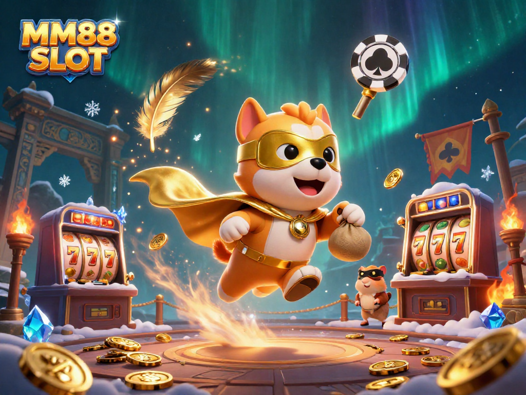 Experience the thrill of MM88 SLOT with a superhero dog and sidekick amidst swirls of gold and slot machines.