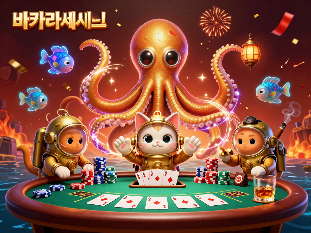 바카라사이트에서 카드 게임을 즐기는 캐릭터들과 화려한 배경을 담은 일러스트