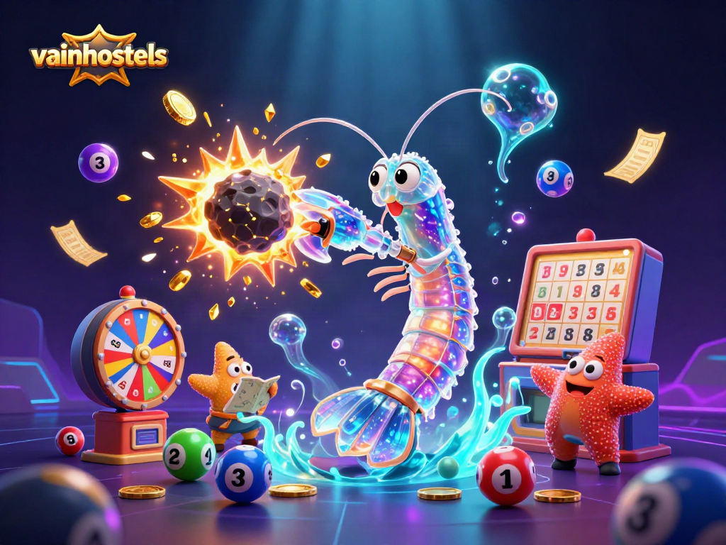 The vainhostels graphic features a galactic samurai mantis shrimp engaging in a dynamic casino scene filled with colorful bingo elements.