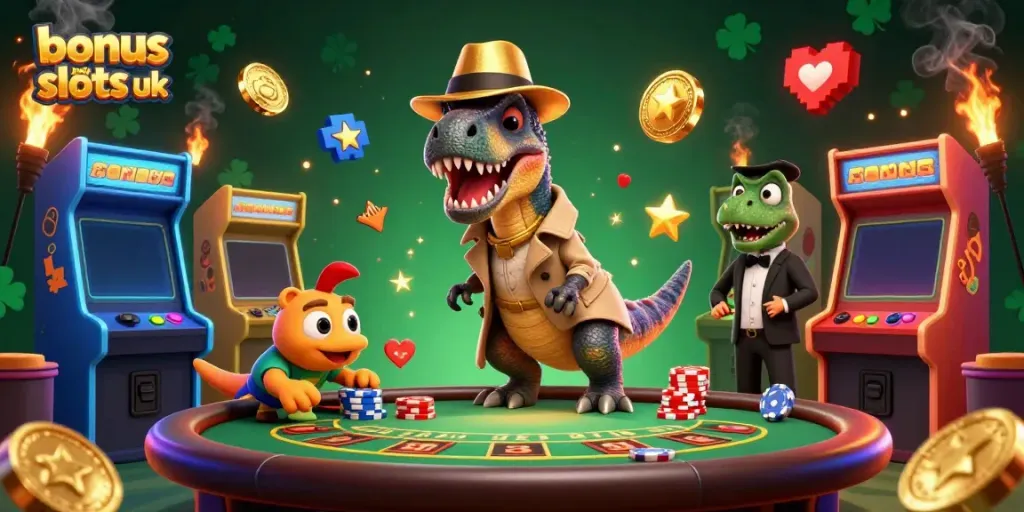 Engage in bonus buy slots uk with a cartoon velociraptor at the casino, surrounded by colorful gaming elements.