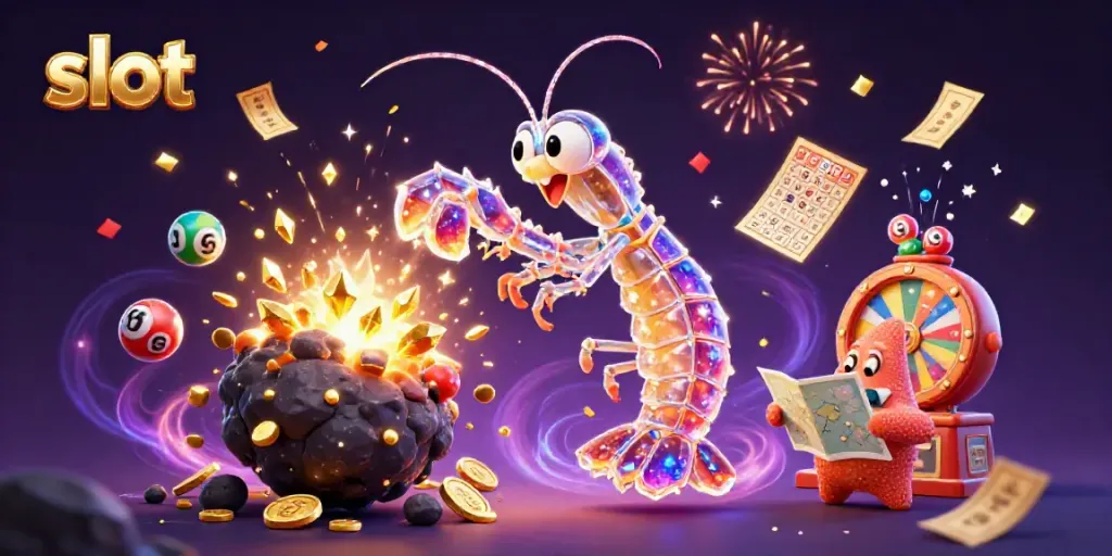 A 3D vibrant illustration of a galactic mantis shrimp and starfish celebrating around colorful slot-themed gaming elements.
