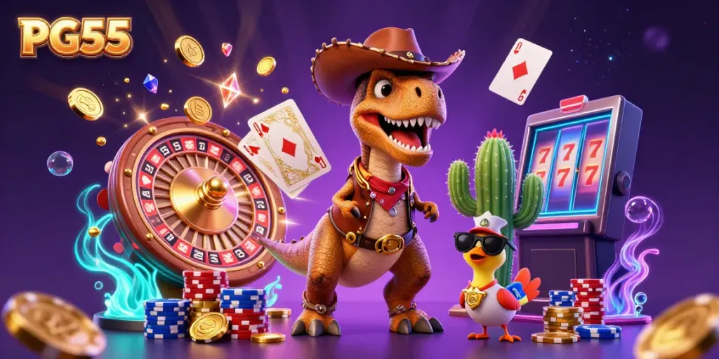 Engage with the dynamic PG55 scene featuring a T-Rex cowboy and colorful casino elements.