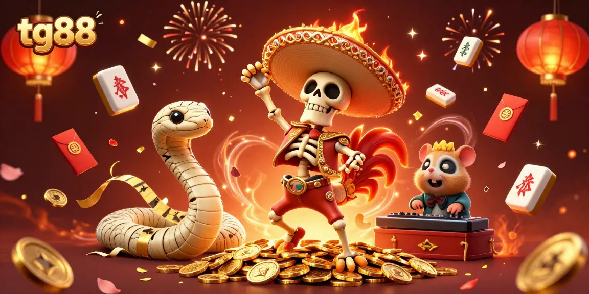 Tg88 celebrates online casino victory with vibrant 3D characters, golden coins, and festive elements.