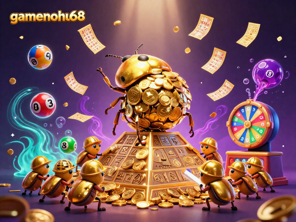 Experience gamenohu68's vibrant casino adventure with a golden beetle rolling coins amidst lottery excitement.
