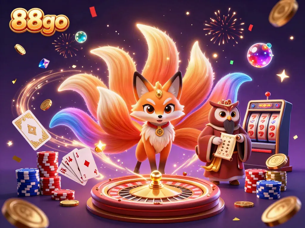 Experience thrill at 88go with a vibrant 3D casino scene featuring a glowing fox spirit and magical elements.