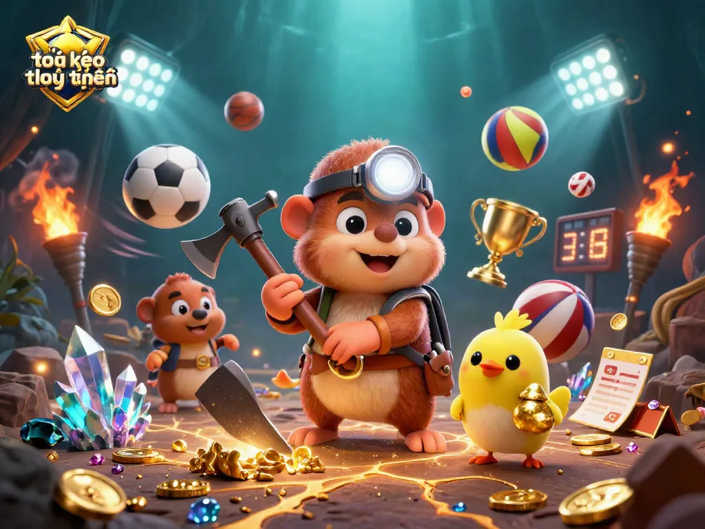 Engage in tỷ lệ kèo trực tuyến strategies with a dynamic sports-themed illustration showcasing a treasure hunter and vibrant elements.