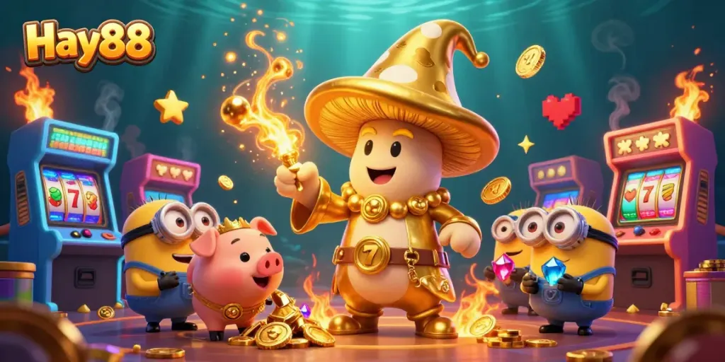 Experience the magic of Hay88 with golden treasures and vibrant arcade games in this immersive illustration.
