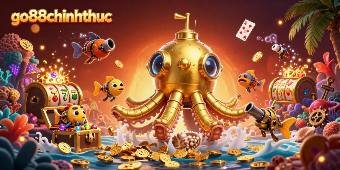 Experience the excitement at go88chinhthuc with a golden kraken submarine amid treasure and slots!