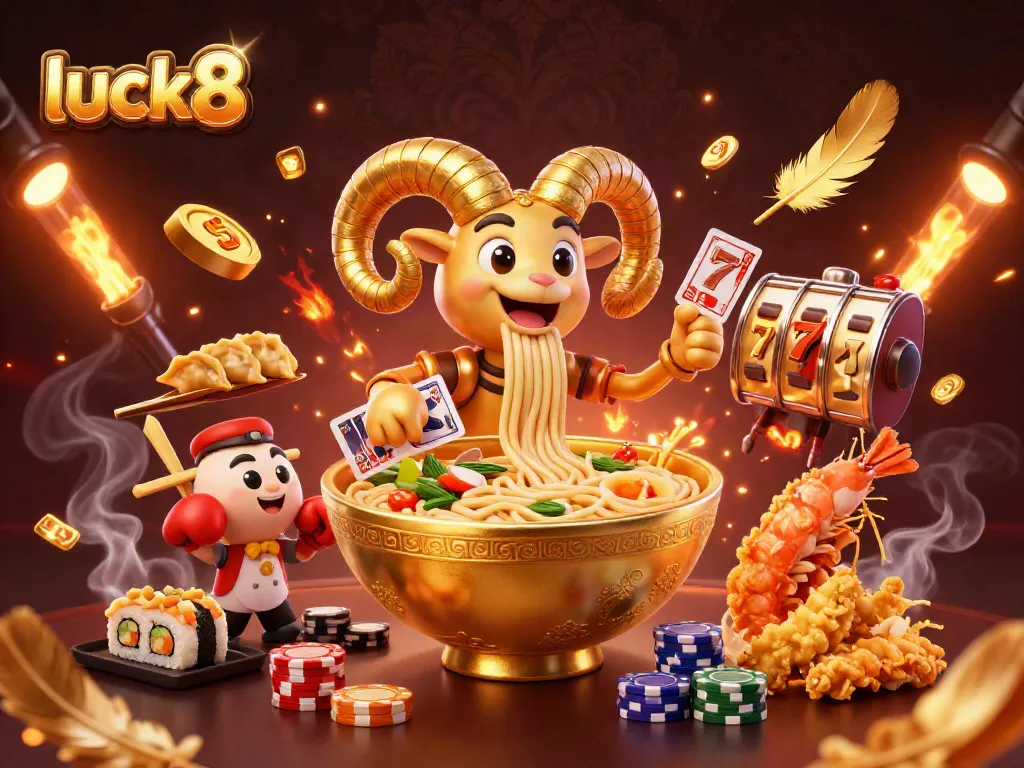 Engage with luck8's vibrant 3D casino scene featuring dynamic characters and slot reel elements.