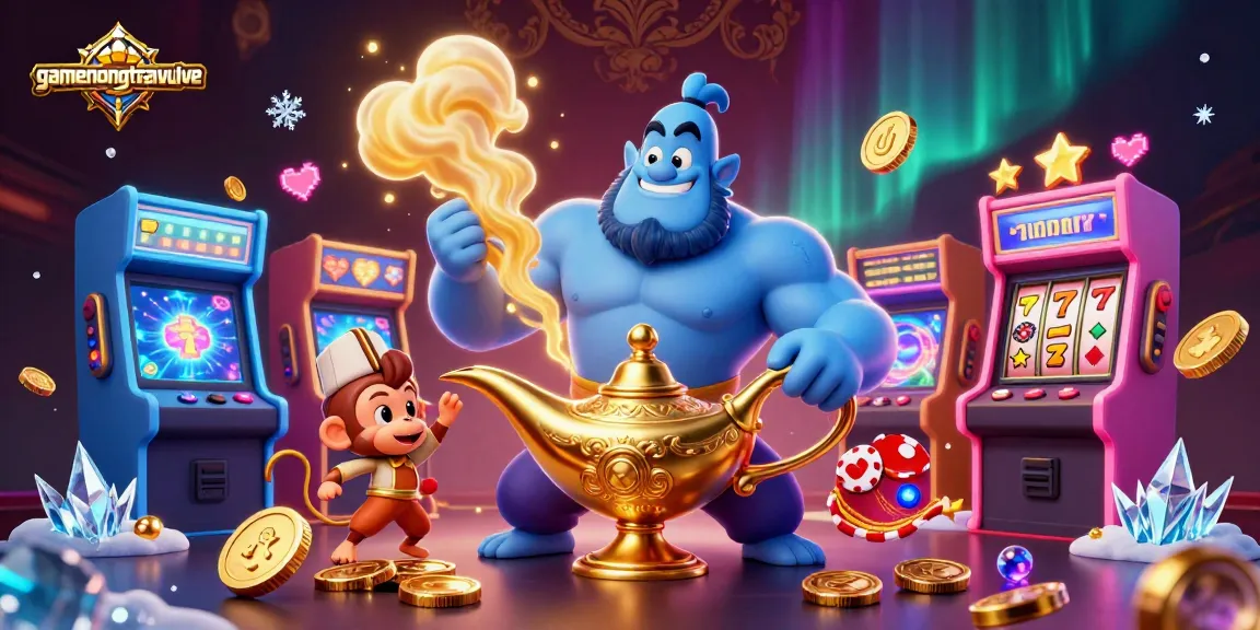 Experience gamenongtraivuive magic with a vibrant casino-themed 3D illustration blending characters and gaming elements.