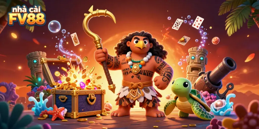 Engaging scene showcasing nhà cái FV88 with a demigod hawk, underwater treasures, and game elements for casino enthusiasts.