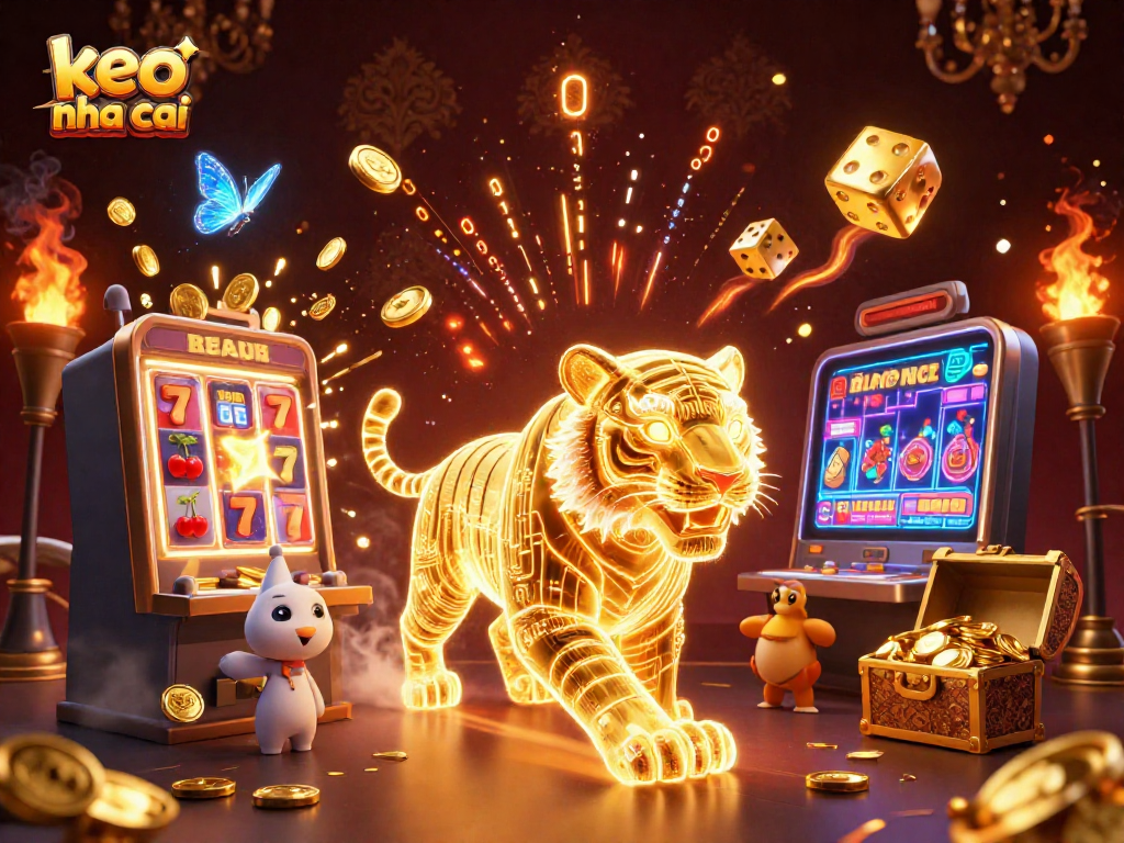 Experience the thrill of keo nha cai with vibrant casino elements and golden tiger in this dynamic scene.