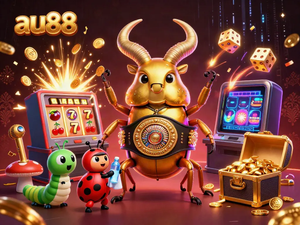 Experience thrilling action at au88 with a vibrant 3D illustration featuring a unique bug fight and casino elements.