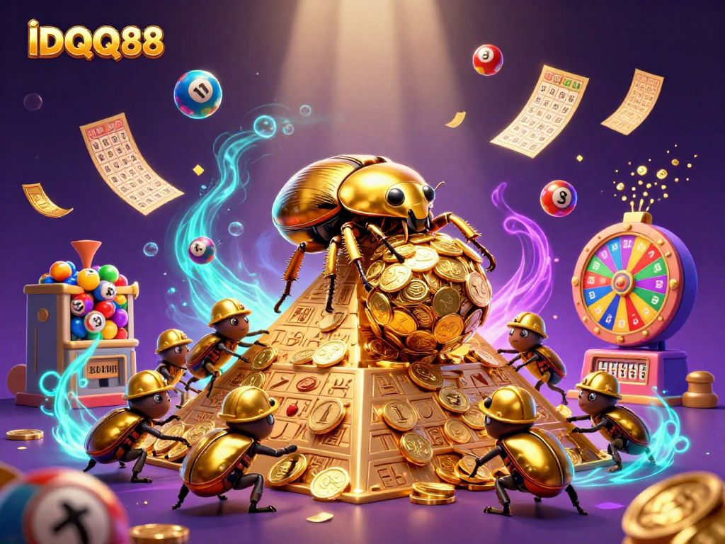 Experience the excitement of IDQQ88 as golden bugs roll coins and colorful lottery balls burst around them.