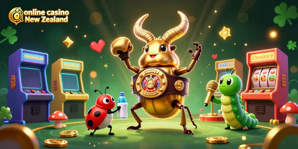 Engage with the vibrant world of online casino New Zealand featuring a golden stag beetle champion, arcade gaming, and rich casino elements.