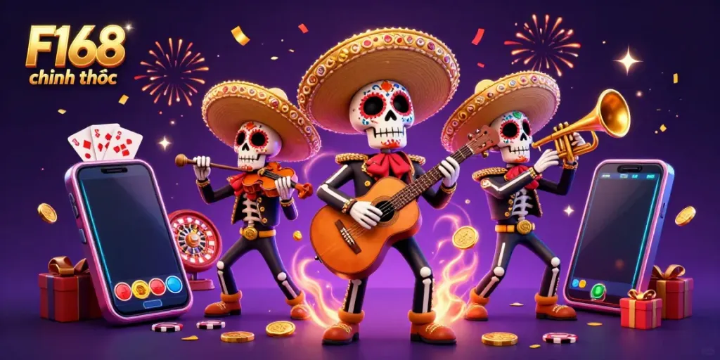 Experience the vibrant F168 chính thức casino scene with mariachi skeletons, slot games, coins, and festive elements.