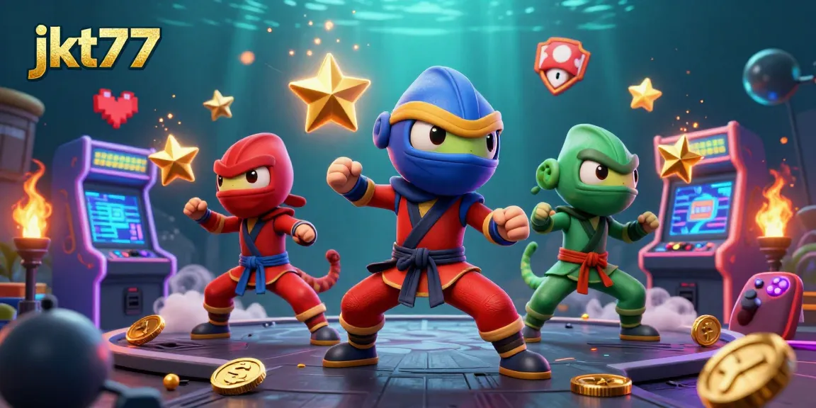 Permainan jkt77 yang menarik dengan ninja chameleon menampilkan aksi seni bela diri dan mesin arcade cerah.
