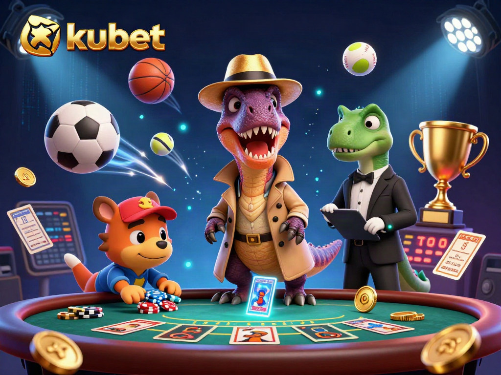 Kubet game scene with a velociraptor card counter, stegosaurus pit boss, and compy pickpocket surrounded by dynamic sports elements.
