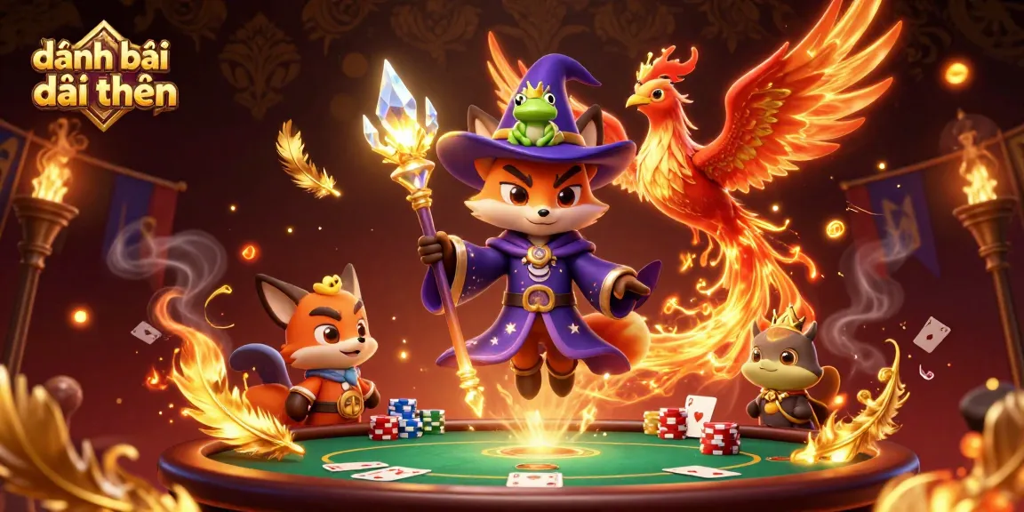 Engage with đánh bài đổi thưởng featuring a mystical wizard fox, phoenix, poker elements swirling in a vibrant casino atmosphere.