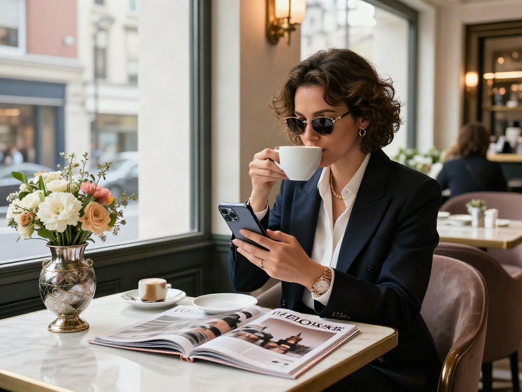 LUXURY 111 gaya hidup mewah di kafe elegan dengan individu stylish dan suasana premium.