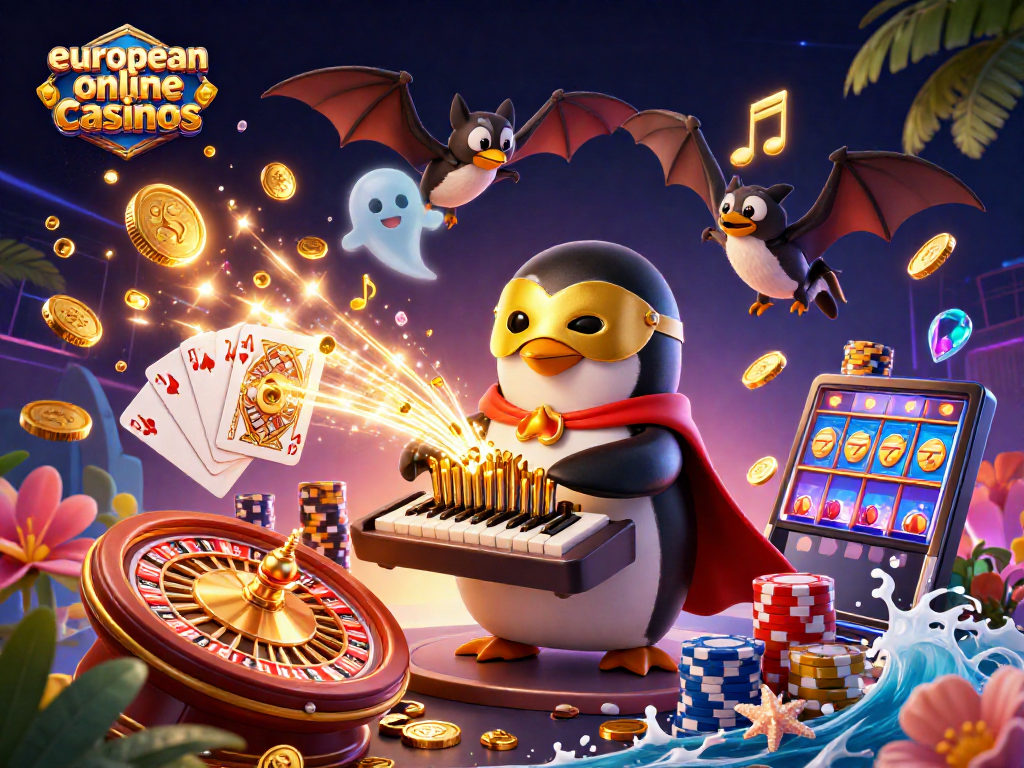 Experience excitement at european online casinos with a dazzling 3D illustration of a penguin playing a golden organ.