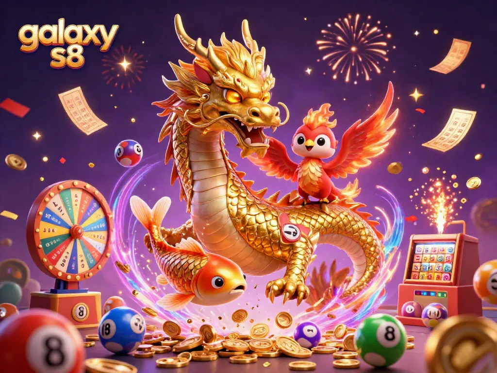 Engage with the galaxy s8 gaming scene featuring a dragon and phoenix amidst vibrant lottery elements.
