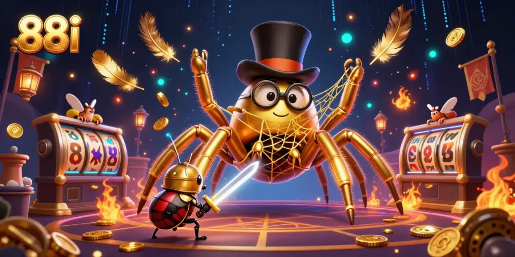 Engage in the playful world of 88i featuring a golden tarantula and beetle knight in a vibrant casino setting.