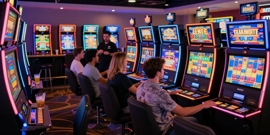 Players engaging at vibrant slot machines in a lively casino setting.