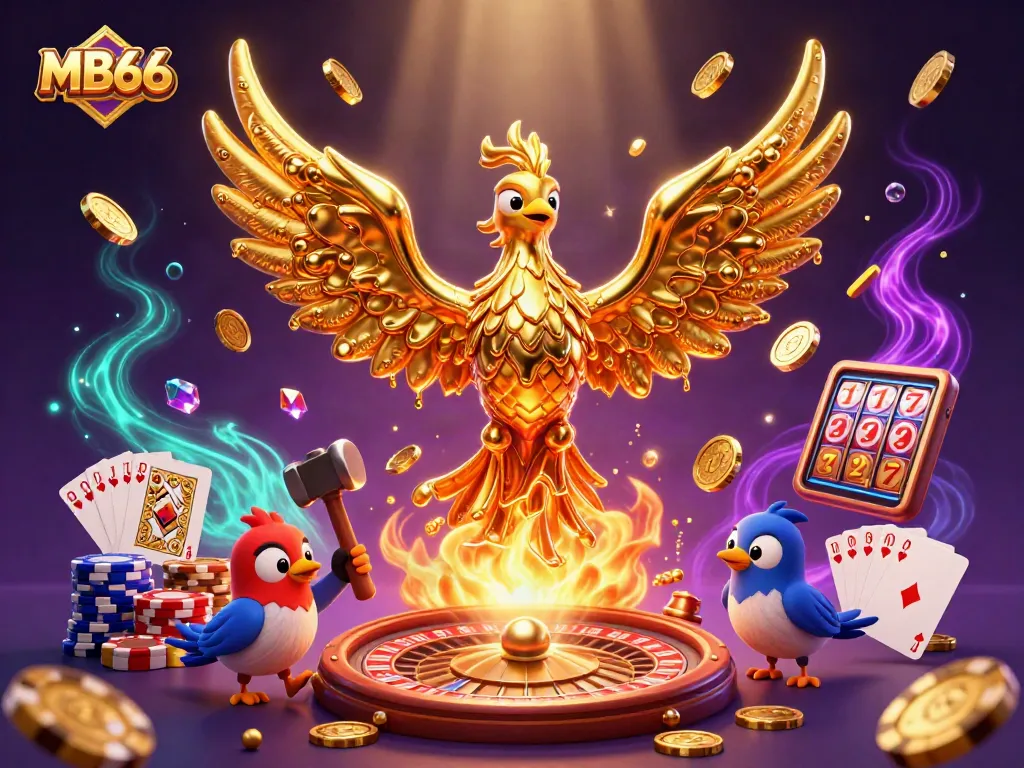 Engage with MB66 in this vibrant casino scene featuring a golden phoenix and soaring coins.