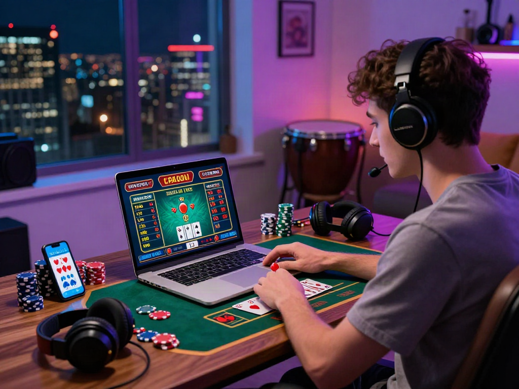 Player engaging with ALO8 online casino in modern workspace filled with gaming elements and city skyline.