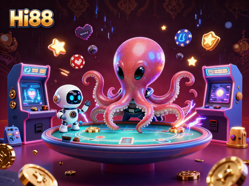 Experience thrilling gameplay at Hi88 with colorful casino elements around a playful alien octopus.