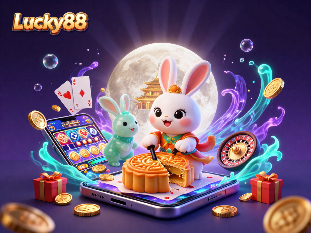 Engage with Lucky88's exciting lunar-themed casino fantasy featuring a moon rabbit and vibrant slot elements.