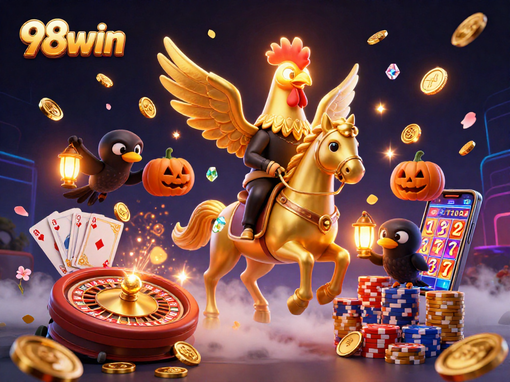 Experience thrilling wins with 98win in a festive casino scene featuring dynamic gaming elements.
