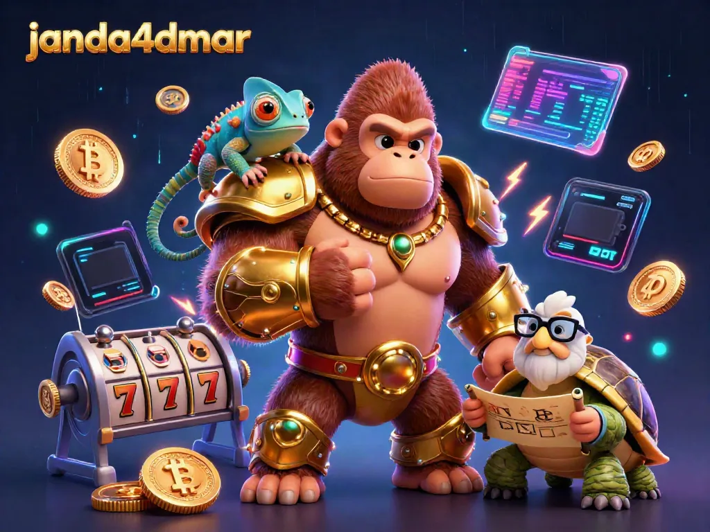 Gorilla bangkit dalam armor keemasan di janda4dmar yang dikelilingi slot dan koin crypto, suasana ceria.