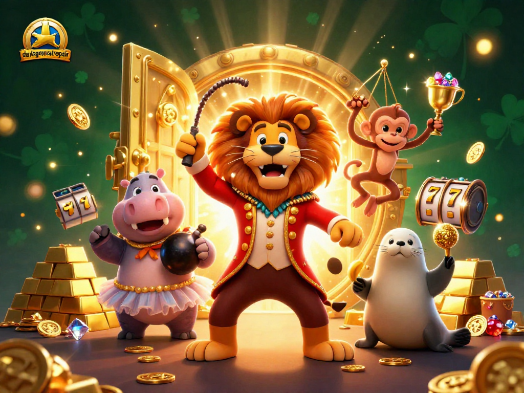 Davisgeneralrepair showcases a vibrant casino scene with a colorful lion ringmaster and playful characters.