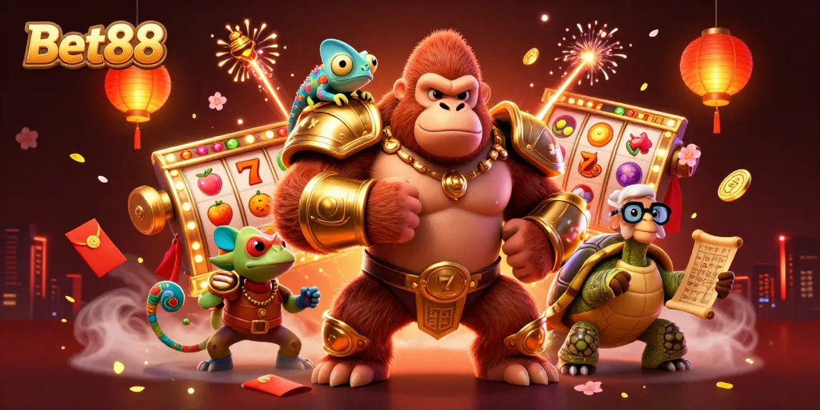 Experience thrilling gameplay at Bet88 with vibrant slot reels, treasures, and dynamic characters.
