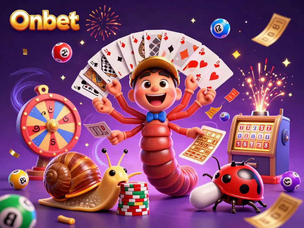 Onbet engages players with a vibrant casino scene featuring a whimsical millipede dealer and exciting game elements