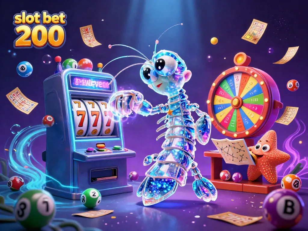 Experience slot bet 200 with a dynamic scene of a mantis shrimp and starfish with colorful lottery elements.