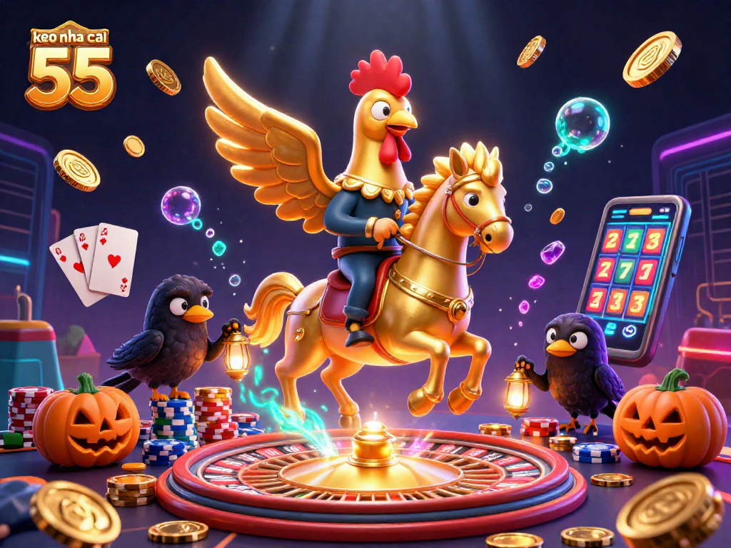 Experience thrilling gameplay with keo nha cai 55, amid vibrant casino elements featuring a golden rooster.