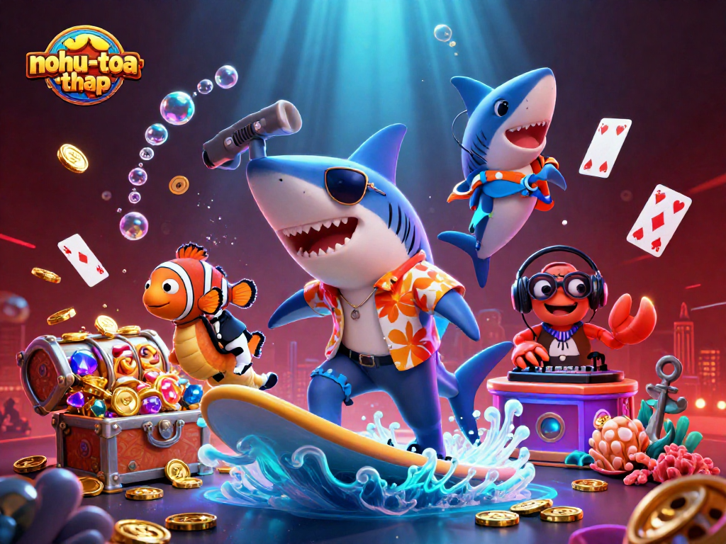 Engage in thrilling gameplay with nohu-toa-thap as a shark scales gold coin waves, amid vibrant casino elements.