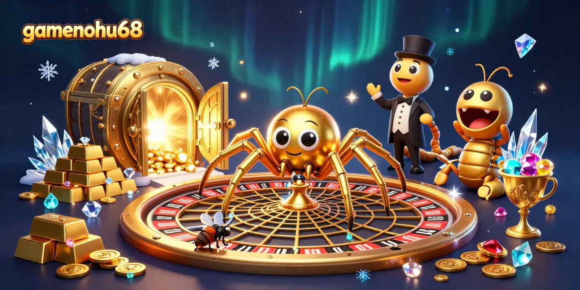 Betting at gamenohu68 with a golden spider spinning a roulette web amidst dazzling treasure.