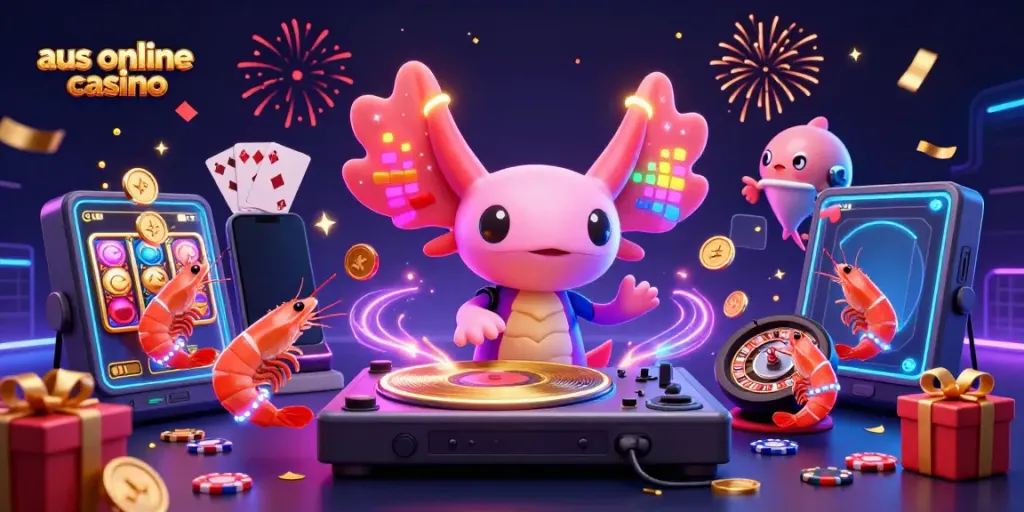Engaging scene depicting aus online casino with vibrant axolotl DJ and lively shrimp dancers surrounded by gaming elements.